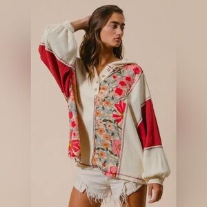 **NEW** BiBi Knit and Print Mixed Hoodie Top